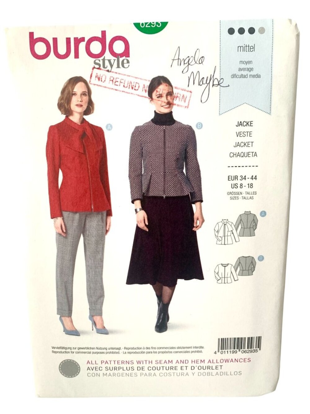 Burda 6293 Pattern Misses Peplum Jacket Variations Size 8 10 12 14 16 18